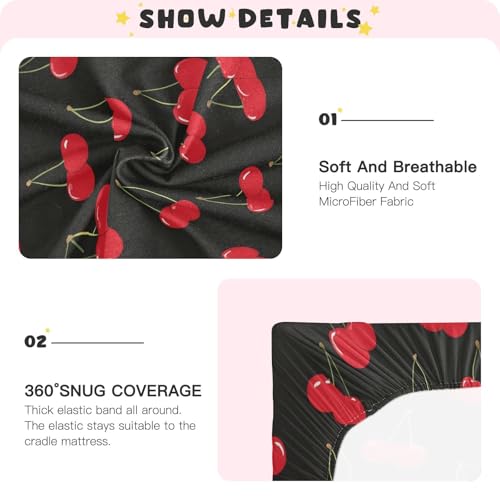 Image of Caikeny Fitted Crib Sheet for Boys Girls Red Cherry Black Baby Crib Sheets Bassinet Sheets Crib Mattress Bed Sheets for Toddler Newborn Infant 27 x 39 in