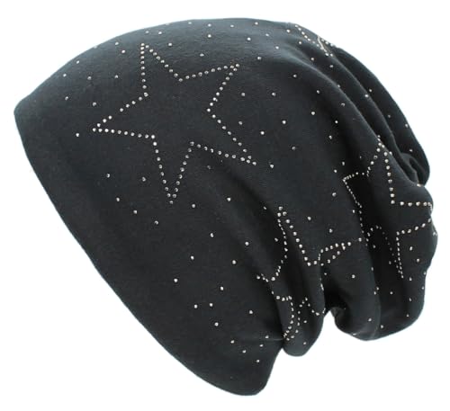 dy_mode Damen Beanie Mütze mit Strass Slouch Beanie mit Innenfutter Wintermütze (DE/NL/SE/PL, Numerisch, 56, 60, TB101-Schwarz)