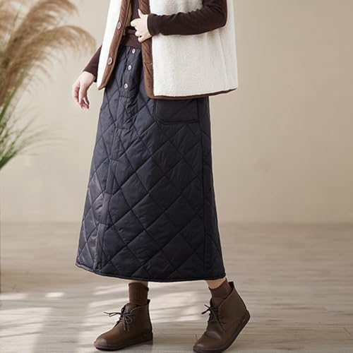 Womens Winter Warm Elastic Waist Padded Quilted Midi Long Puffer Insulated Skirt Front Button Skirts with Pocket4