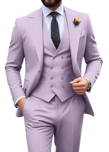 Image of Mens Suit Slim Fit 3 Piece Double Breasted Suit Men Formal Tuxedo Set Casual Wedding Prom Groom Suits