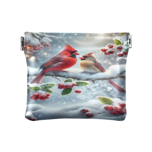 Winter Christmas Birds Coin Purse Leather Pouch Change Purse, Squeeze Coin Pouch for Cards, Keys & Lipsticks, Unisex