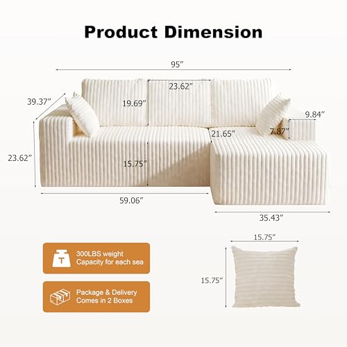 Image of 95 inch Modular Sectional Sofa - Memory Foam Sectional Couches with Deep Seat and Side Pockets,Modular Sofa Couches L-Shape Couch with Chaise, Boneless couches for living room(White, 95 inch+Right Chaise)