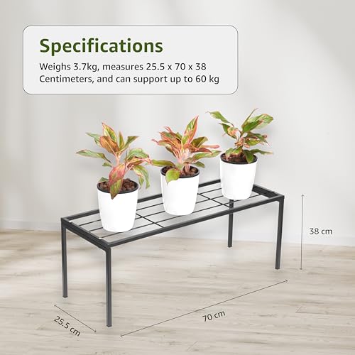 Image of Amazon Brand - Solimo Metal Plant Stand (Set of 3, Black) - Heavy-Duty, Rust-Resistant Iron Rack, Indoor & Outdoor Use, 25.5 x 70 x 38cm, Supports 60 kg per Shelf