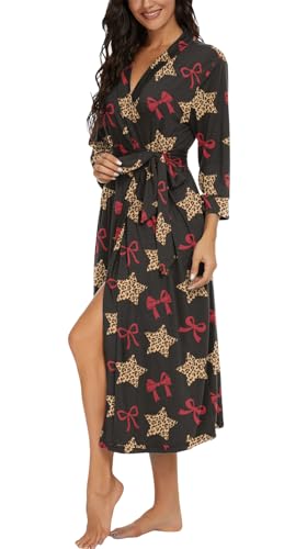 Image of VINTATRE Robes for Women Long Knit Bathrobe XS-4XL | 3 /4 Sleeve Bathrobes with Pockets, Stretchy and Lightweight Fabric, Inner Tie and Fixed Outer Matching Belt, Mid Calf Length