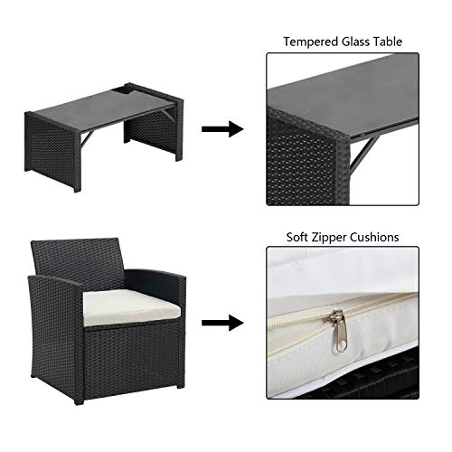 4 Pieces Outdoor Patio Furniture Set Black Wicker Rattan Cousioned Sectional Conversation Sofa With Coffee Tea Table For Backyard Porch Garden Poolside Balcony Beige #TOP3