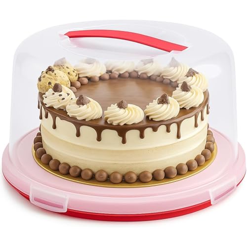 Meown Cake Carrier with Red Base & Handle, 27cm Round Cake Storage with Clip Lock Lid, Flip Base, Food Safe Plastic Cake Holder, Cake Saver Container for Transporting, Storing & Serving Cakes