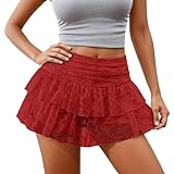 Spitzenrock Damen Kurz Minirock Sexy Faltenrock Sommer Spitzen Röcke A-Linie Plisseerock Rüschen Frauen Partyrock Hohe Taille Sommerrock Party Skirts for Women