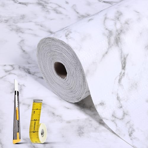 Drawer Liner Non-Slip Shelf Liners for Kitchen Cupboards -30x300cm White Marble Waterproof Cabinet Liner, Easy Cut Drawer Organiser for Wardrobe, Refrigerator, Countertop with Knife and Tape Measure