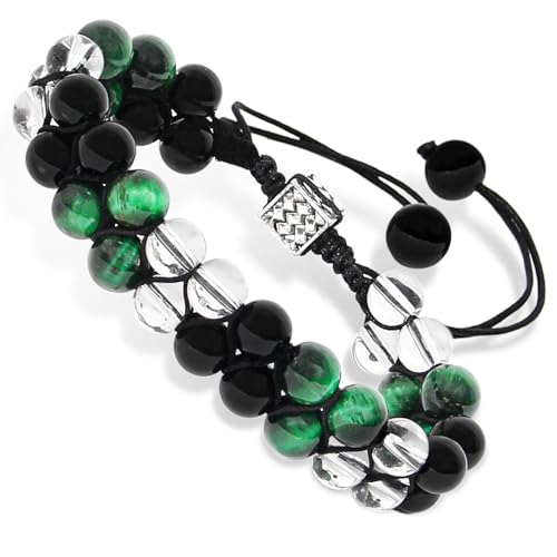 Orientrea Triple Protección Cristal Pulsera para Hombres Mujeres Negro Obsidiana Claro Cuarzo y Ojo de tigre verde 8.2mm Hecho a mano de cuentas de piedra curativa Pulseras con cordón ajustable