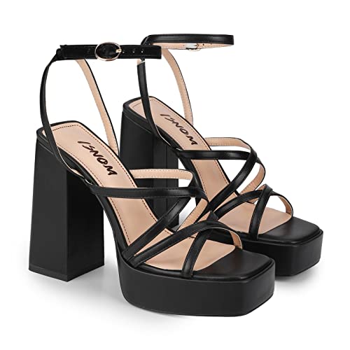 Isnom Platform Heels For Women, Black Heels For Women Chunky Heel Black Platform Heels Block Heels For Women Platform Strappy Heels Suqare Open Toe Sandals #TOP2