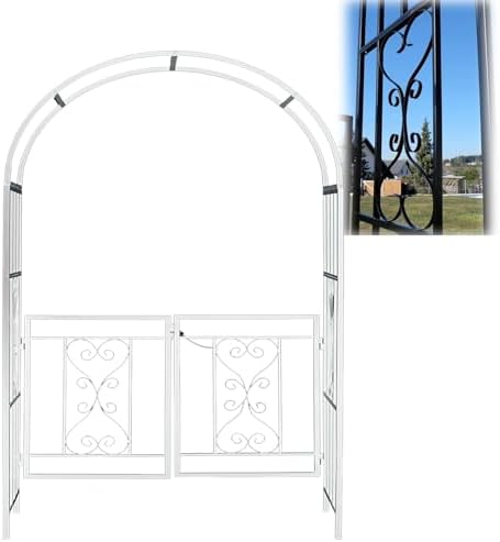 Garden Arch with Gate, Heavy Duty Metal Garden Arbor for Climbing Plant Metal Stand Trellis Rose Vines Climbing Support for Lawn Backyard Patio Outdoor Decoration(White)