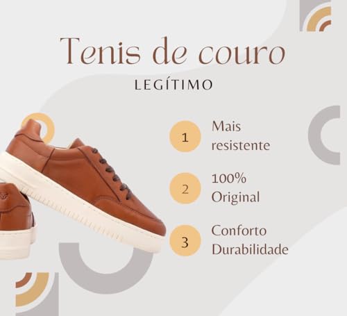 Tenis Masculino de Couro Legitimo Sneaker Sapatenis Casual Branco Preto e Pinhao Palmilha de GEL Per