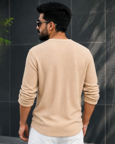 Image of AUSK Men's Waffle Knit Henley T-Shirt | Cotton Blend Full Sleeve Textured Casual T Shirt | Regular Fit Button Placket Round Neck Tshirt for Men