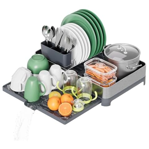 Urackify 304 Stainless Steel Dish Drying Rack, Expandable Dish Rack for Kitchen Counter, Multi-function Large Dish Drainer, Extendable Dish Strainer with 3 Grid Cutlery Holder and Fast Drainage System Cover