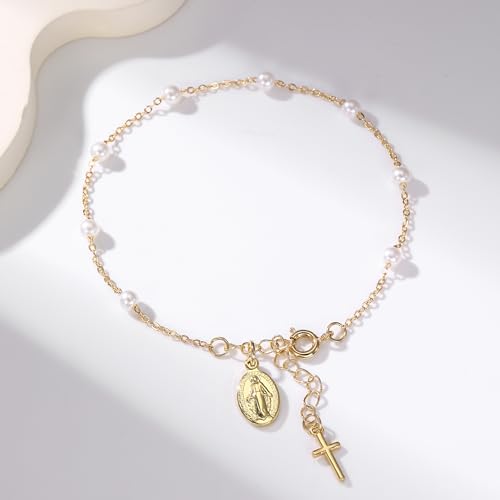 Image of Rosary Bracelet for Women, Dainty 14K Gold Plated Virgin Mary Cross Charm Bracelet Catholic First Communion Baptism Religious Gifts for Her
