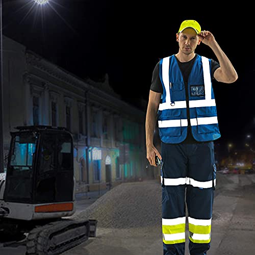 Image of Reflective Construction Vest, Reinforced Points, Zipper, Blue, XS | Blue XS safety vest with clear ID holder, mic tabs and reflective strips for mechanical work and equipment maintenance.