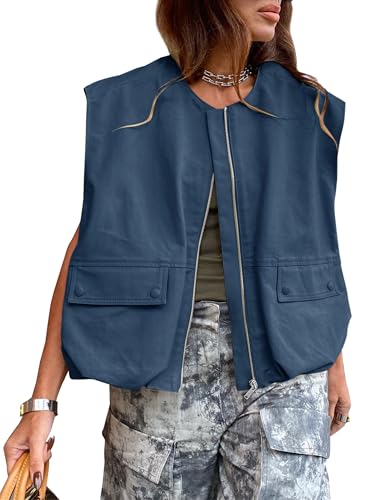 Shebote Womens Casual Zip Up Cargo Vest Top Oversized Lightweight Ruched Hem Sleeveless Blazer Jackets Vest Tops (0369-NavyBlue-XL)
