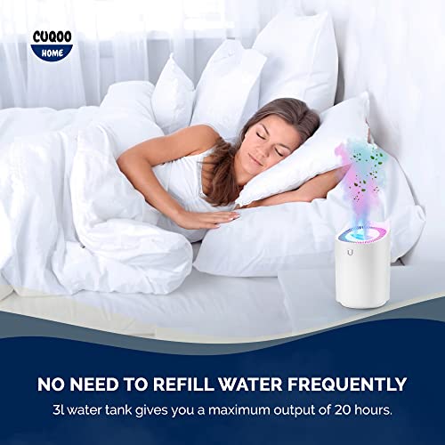 CUQOO 3L Cool Mist Humidifiers with Colour Changing Night Light in White – (Lasts Up to 20 Hours) Air Humidifier with 3 Mist Modes, 2 Nozzles | Auto Shut-Off Air Moisturize for Baby Room Home Bedroom