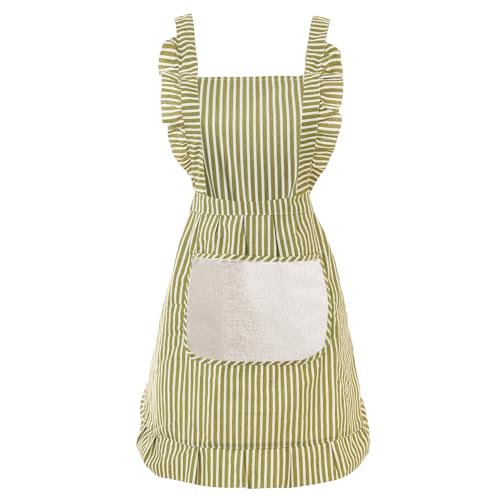 Ftuency Cute Cotton Apron for Women, Adjustable Bib Cooking Kitchen Aprons with Pockets for BBQ Drawing Baking (1, Green Striped, M)