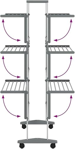 Miniatura 3 de vidaXL Tendedero de aluminio para ropa sucia con ruedas, secadora de torre de 3 niveles, diseño de soporte plegable, longitud colgante de 118.1