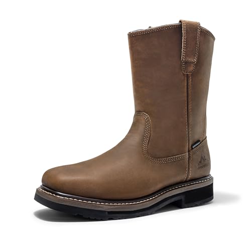 NORTIV 8 Steel Toe Work Boots for Men – Waterproof Pull on Wellington Cowboy Boots for Men with Full-grain Leather for Construction, Farming Bronco Stormrider 13 Dark Brown