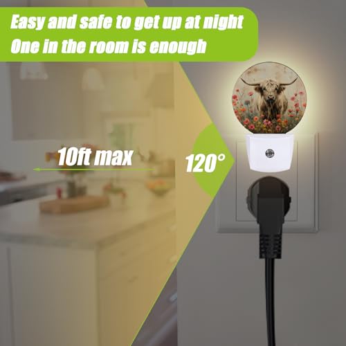 Image of Highland Cow Night Light,Flowers Night Lights Plug into Wall for Kitchens Toilets Bedroom Decorative Half Round Nightlight Led Lamp 0.5W Sleep Friendly