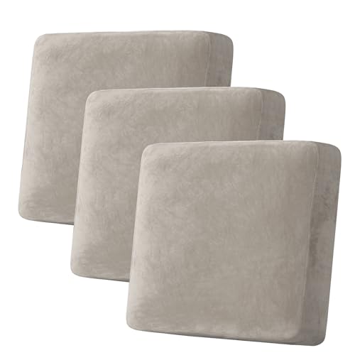 H.VERSAILTEX Velvet Stretch Couch Cushion Cover Plush Cushion Slipcover for Chair Loveseat Sofa Cushion Furniture Protector Seat Cushion Sofa Cover (3 Piece XL Sofa Cushion Covers, Oatmeal)