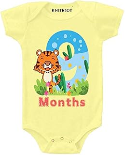 KNITROOT Monthly Birthday Special Unisex Baby Romper Half Sleeve Envelope Neck"9 Month"(KMBR09-3,6-9 Months,Yellow)