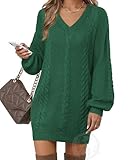 VAFOLY Christmas Dresses for Women 2026: Women‘s V Neck Knit Puff Long Sleeve Dress Country Music Concert Outfit Casual Wedding Guest Dresses Winter Sweaters Maternity Dress for Photoshoot Green L