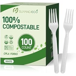 SUYANGECO Compostable Disposable Forks 100 Count Compostable Forks Bulk No Plastic Forks Heavy Duty Biodegradable Forks Eco Friendly for Lounge Party Wedding Picnic Camping