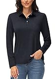 MAGCOMSEN Damen UV Poloshirt Langarm Outdoor Shirt Quick Dry Golf Tennis T-Shirt Atmungsaktiv Laufshirt Frauen Stretch Freizeitshirt Arbeit Wandern Funktionsshirt Schwarz L