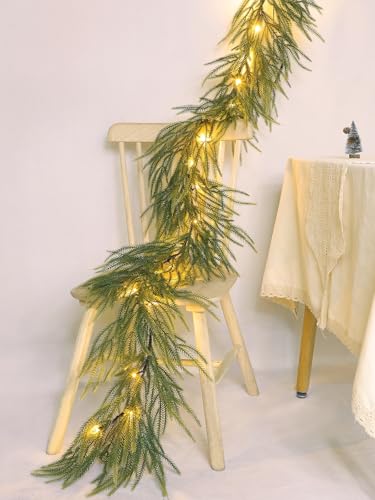 6 Ft 20 LED Real-Touch Norfolk Pine Garland - Prelit Christmas Decorations With Lights and Timer - Faux Cedar, Realistic Pine Xmas Garland for Mantle, Table, Front Door