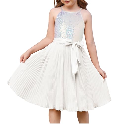 GRACE KARIN Mädchen Elegant Sommer A-Linie Kleid Neckholder Ärmellos Pailltten Kleid Weiß 12 Jahre