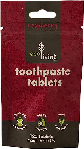 ecoLiving Toothpaste Tablets: Natural Raspberry Flavor; Eco-Friendly Teeth Whitening; 2 Month Refill Supply in Compostable Pouch; Vegan; SLS Free; Plastic-Free Fluoride Tabs; Made in UK; 125 Tablets