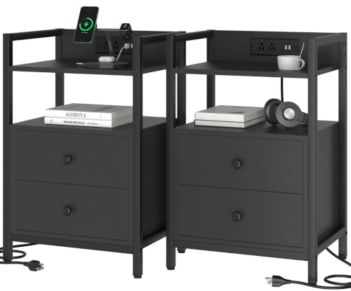 Nightstands Set of 2 with Charging Station, Night Stand with Wood Drawers Featuring Heavy-Duty Slide Rail, Wooden Bedside Table with Storage Shelves, Modern End Side Tables for Bed Room, Black