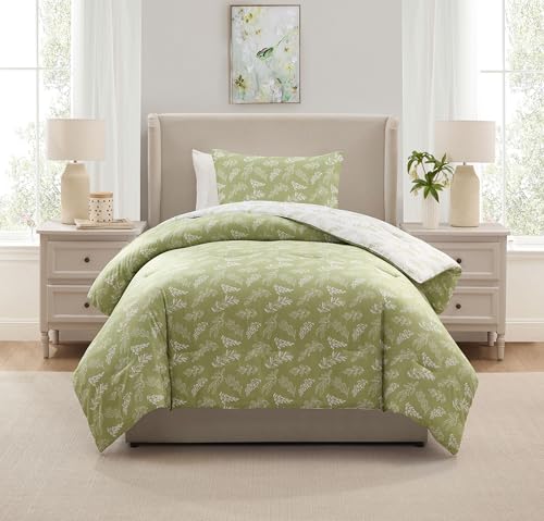 Nestl Twin Size 2 Piece Botanical Comforter Set – Sage Green/Off White