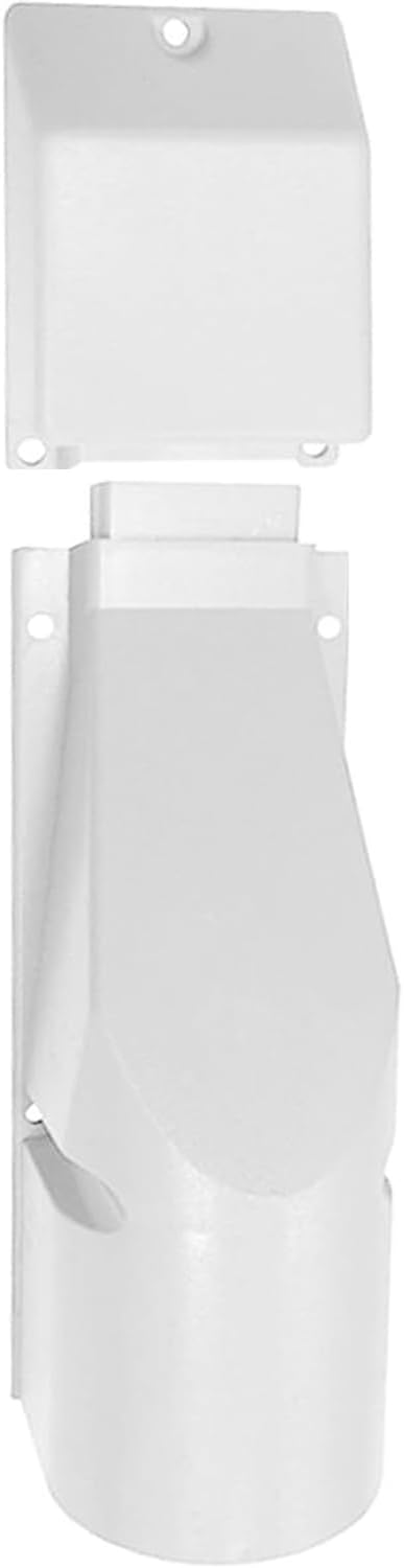 White BT Openreach 101A + Connector Bend No. 4 outdoor cable cover capping protects the wall entry point & gives the underground telephone broadband drop wire main feed protection from damage