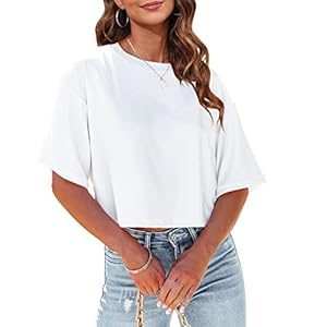 Tankaneo Women Half Sleeve Cropped T-Shirts Drop Shoulder Round Neck Crop Tops Casual Summer Solid Color Basic Tees