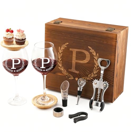 GZLDGIFTS Personalized Initial Wine Glasses Box Gift Set for Women