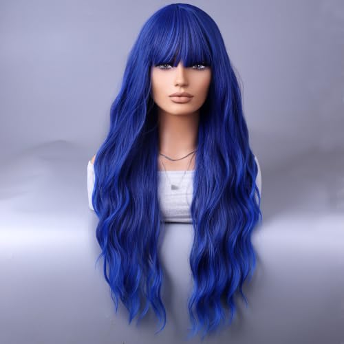 BERON Blue Long Wigs Curly Wavy Women Wigs with Bangs Dark Blue Heat Resistant Synthetic Wigs for Cosplay or Daily Wigs Wig Cap Included