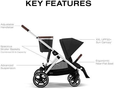 Cybex Gazelle S 2 Stroller – Modular Double Stroller for Infant and Toddler, Includes Detachable Shopping Basket, Over 20+ Configurations, Folds Flat for Easy Storage - Moon Black/Silver Frame - 4