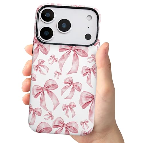 Coque iPhone 17 Pro rigide antichoc pour femme avec motif de nœud rose tendance