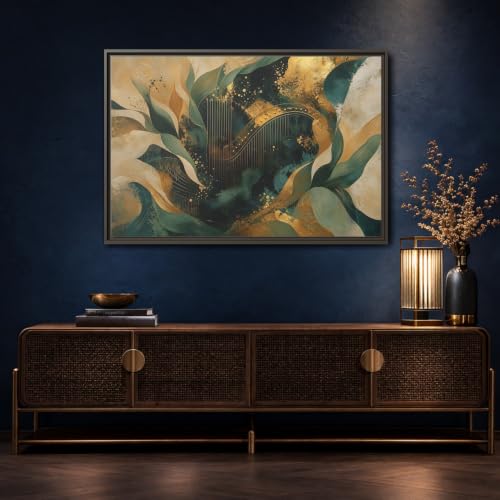 Impression toile harpe dorée abstraite émeraude grand format salon
