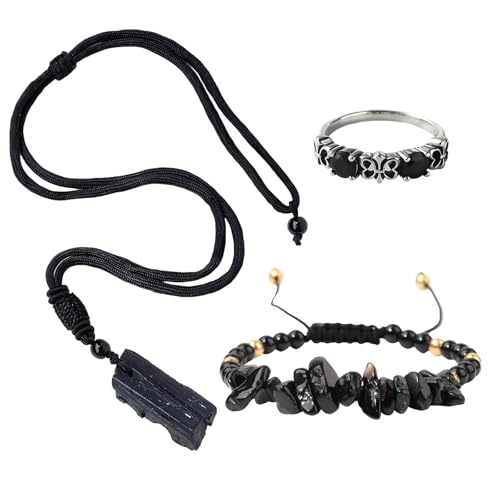 Rbleote Cadena de turmalina negra, piedra obsidiana, viene con una pulsera de ónix negro y un anillo de obsidiana, elegante y versátil, apto para hombres y mujeres