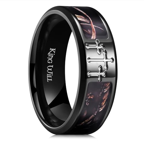 King Will 8mm Black Titanium Cross Rings, Men's Wedding Rings Camo Inlay Flat Cut Cross Wedding Band for Men Women Comfort Fit and Durable, Size 7 by King Will - Used condition - US$12.74