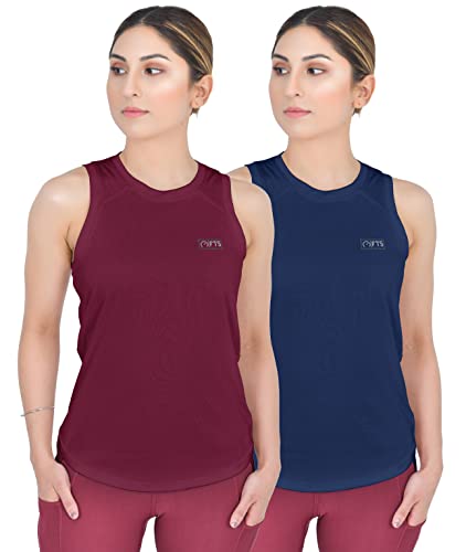 FULL TIME SPORTS® Damen Ärmellose & Rundhals Shirts, Rundhals Tank Tops Für Yoga, Fitness Workout & Laufen 2Er Pack (Kastanienbraun-Marine, Medium) Cover