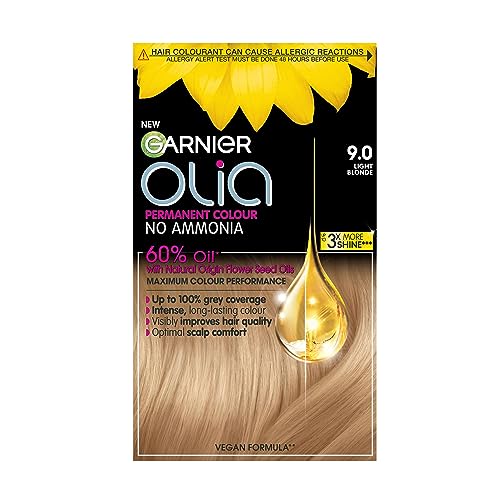 Garnier Olia 9.0 Light Blond, oil-powered, no-ammonia. 100% grey coverage. Luminous, long-lasting, vibrant light blonde hair color with incredible shine and softness.