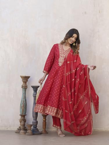 Image of Kaari Women's Embroidered Kurta Set with Dupatta - Festive Kurta Set for Women Polyester Blend