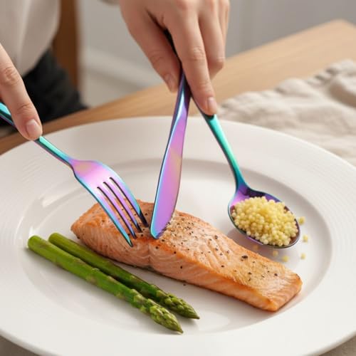 Image of 4 Pcs Rainbow Mirror Polish Stainless Steel Cutlery Set for Dining Table with Spoon and Fork Set & Butterknife - The Perfect Tableware /Flatware