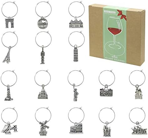 Gnollko 16pcs Travel Wine Glass Charms,Wine Charms for Stem Glasses,Wine Glass Markers Tags,Wine Tasting Party Gifts Favors Decorations Supplies